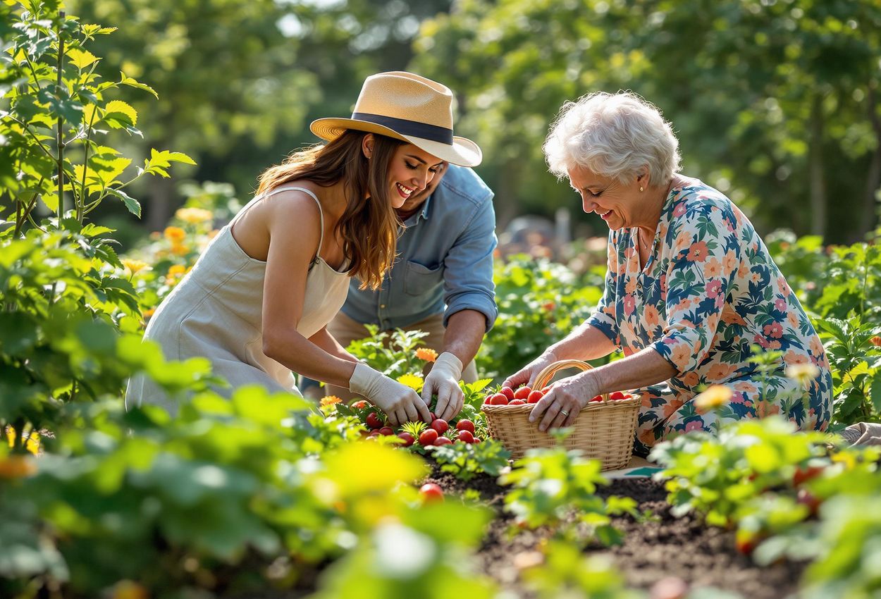 A photograph capturing a vibrant community garden within a wellness real estate development, showcasing residents engaged in gardening activities under soft, diffused sunlight.