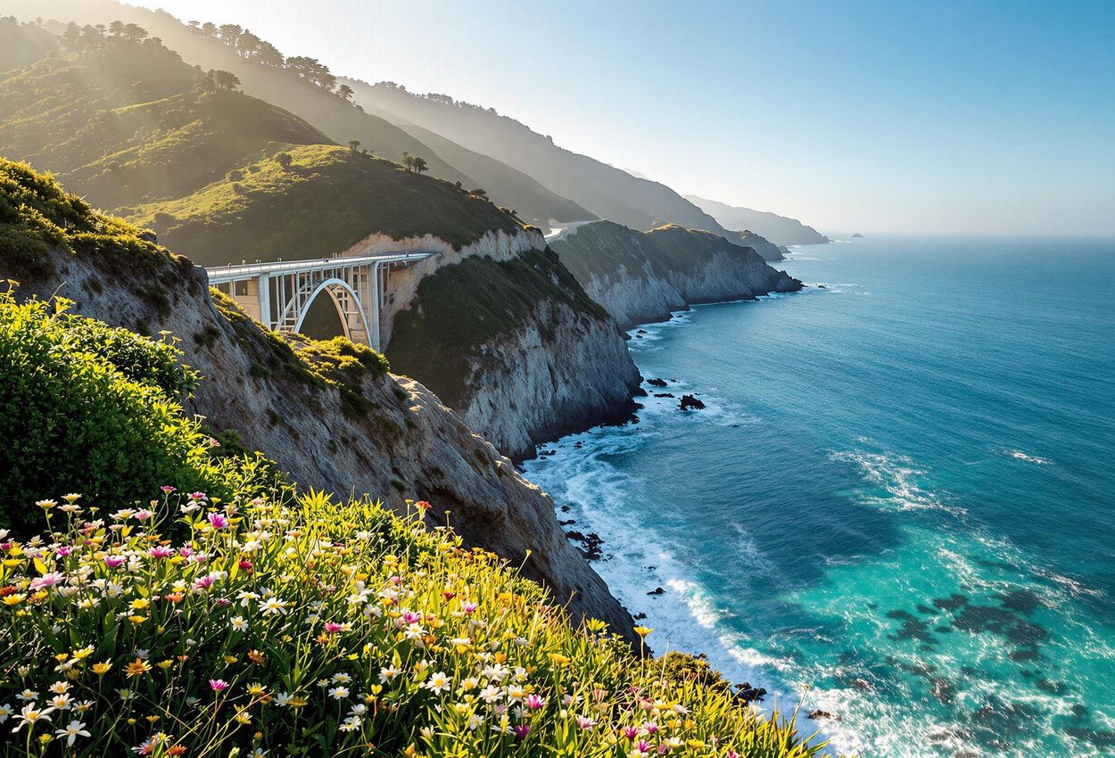 Dramatic Big Sur Coastline at Sunset A wide-angle photograph of the Big Sur coastline featuring dramatic cliffs, turquoise waters, and lush greenery under the warm light of the late afternoon sun.