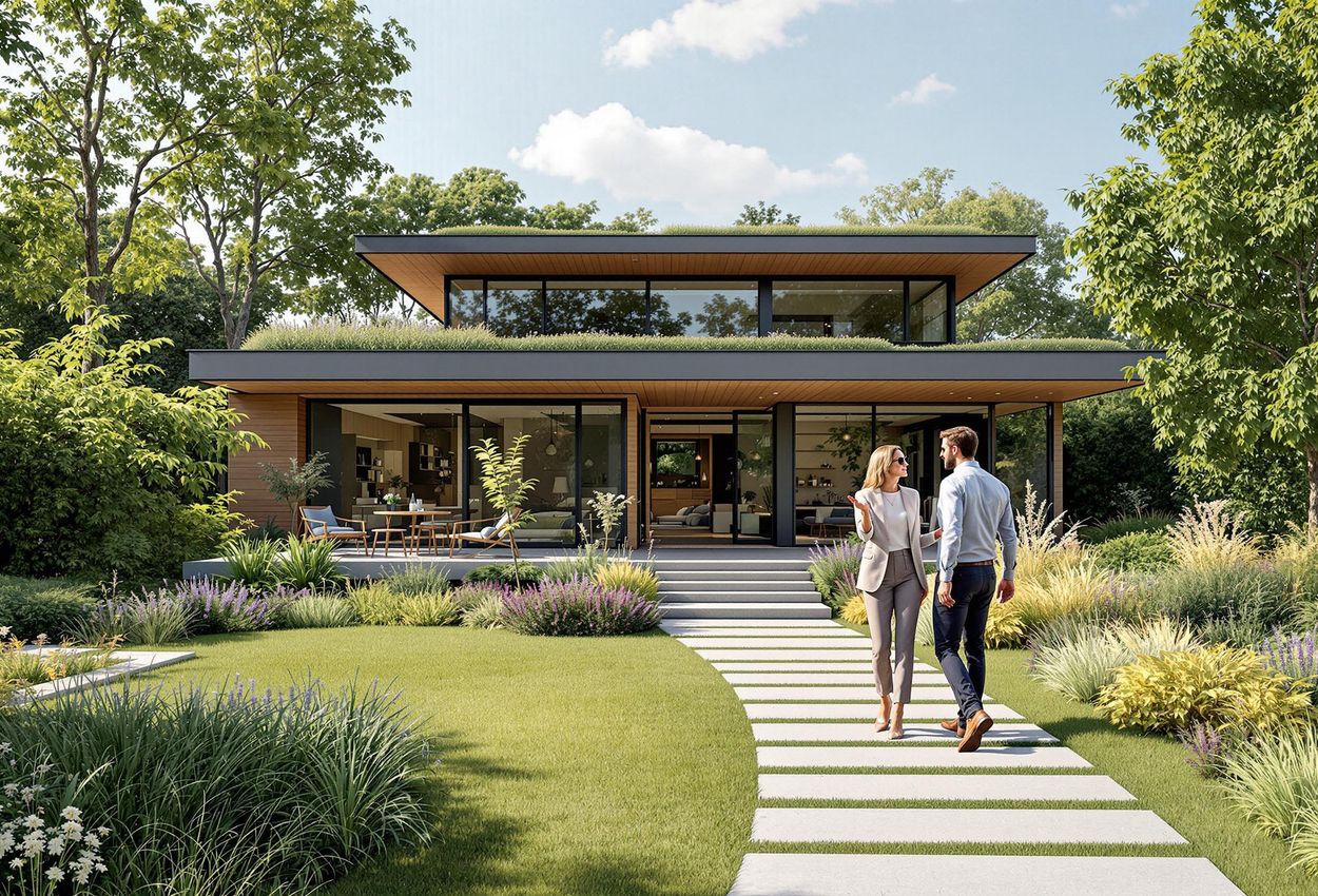 A real estate photograph showcasing a modern, eco-friendly home with wellness features. A real estate agent presents the property to potential buyers on a sunny afternoon, highlighting its investment potential and luxurious design.