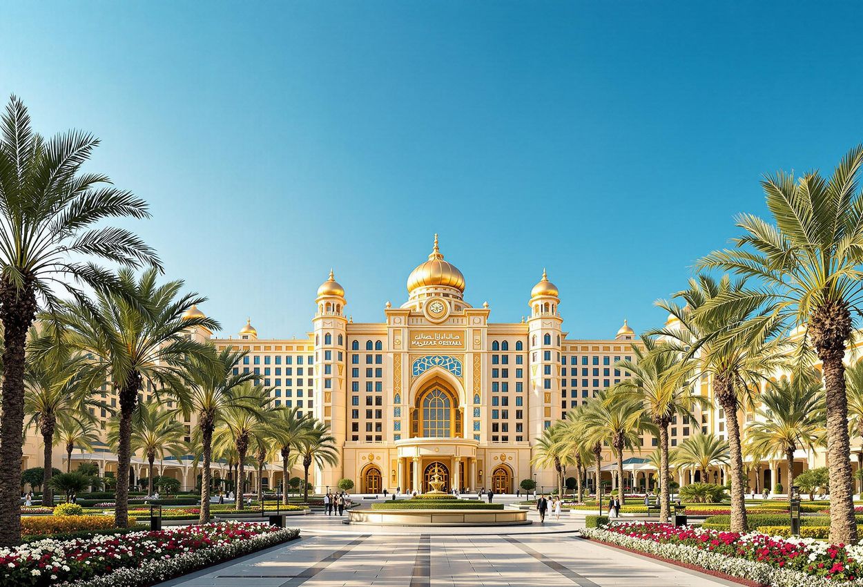 A wide, establishing shot of the Emirates Palace Mandarin Oriental in Abu Dhabi, showcasing its grand architecture, opulent surroundings, and the vibrant atmosphere of the Global Wellness Summit.