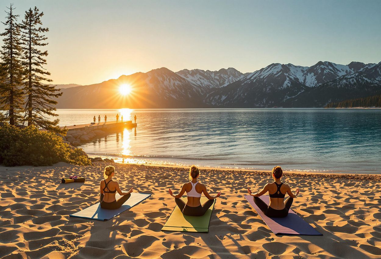A tranquil sunrise scene at Commons Beach, Lake Tahoe, featuring a yoga session with the sun rising over the Sierra Nevada mountains.