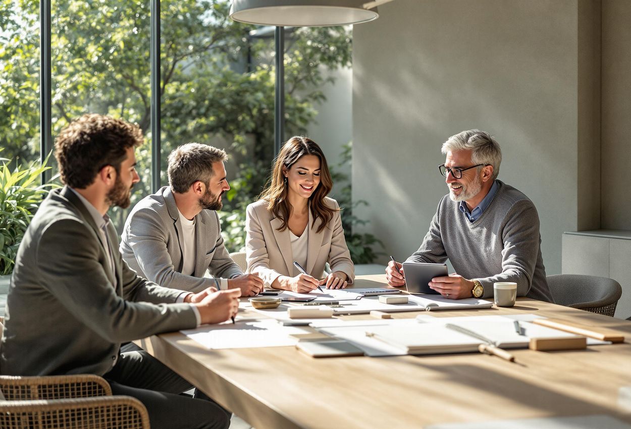 A photograph captures a wellness expert collaborating with architects and designers on a high-end residential project in Los Angeles. The scene showcases a modern design studio filled with natural light and featuring sustainable materials.