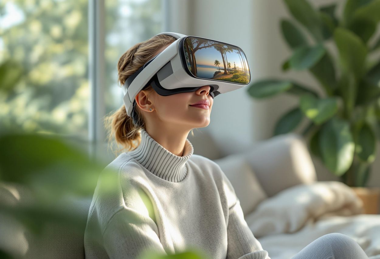 A woman experiencing a VR mindfulness exercise in a calming indoor environment. Soft light and natural textures create a sense of tranquility and well-being.