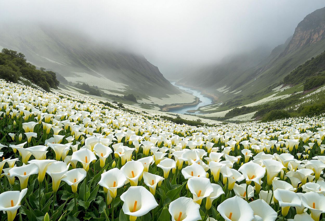 Calla Lily Valley, Garrapata State Park - A Serene Morning Landscape A panoramic photograph captures the tranquil beauty of Calla Lily Valley in Garrapata State Park, California, with a valley carpeted in white calla lilies under a soft morning mist.