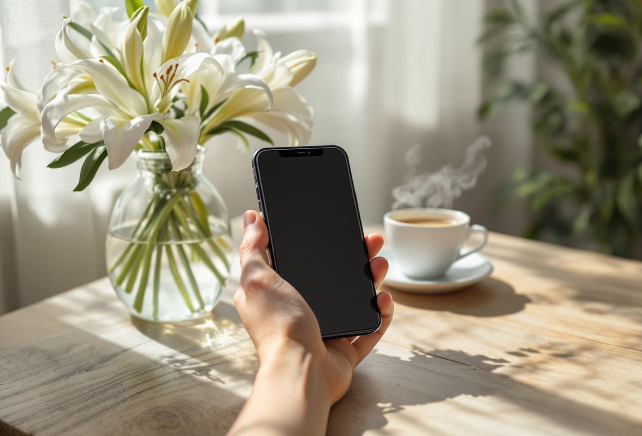A close-up photograph shows a hand gently placing a smartphone face down on a wooden table, with flowers and tea in the background, capturing a moment of tranquility.