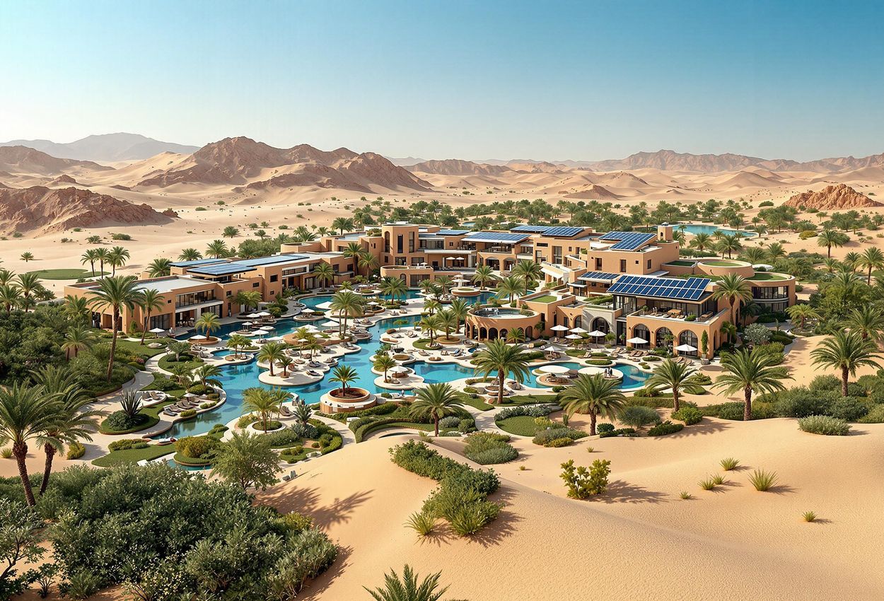 An aerial photograph of a modern, eco-friendly wellness resort in the Middle East, showcasing innovative water conservation and solar energy integration within a desert landscape.