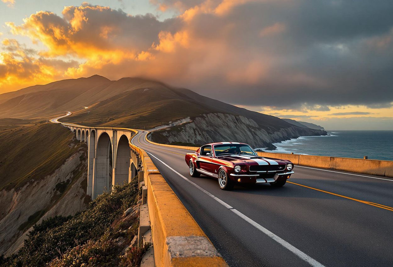 Bixby Bridge at Sunset: A Classic California Road Trip A stunning photograph of Bixby Bridge on Highway 1 at sunset, featuring a vintage car driving across. The warm light and dramatic clouds create a sense of nostalgia and adventure.