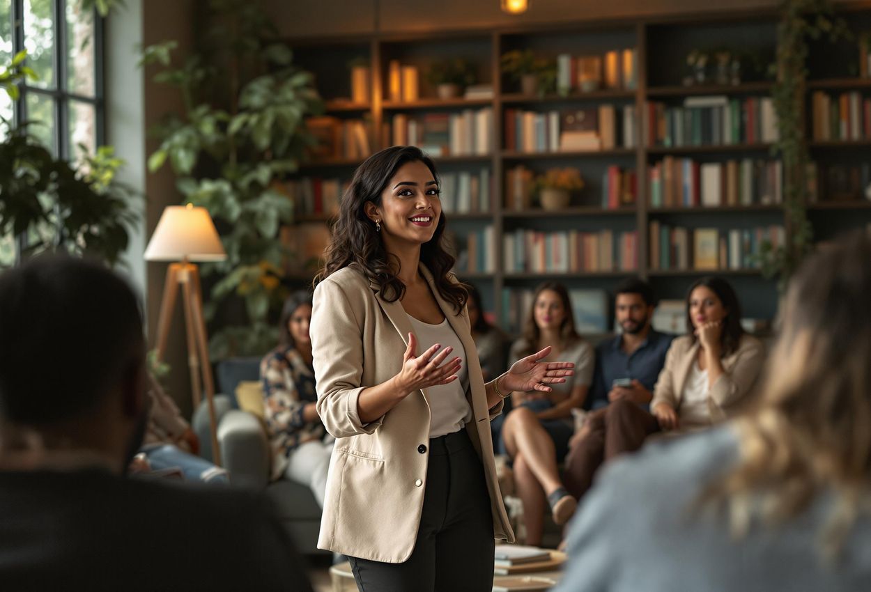 A captivating photograph capturing Dr. Anya Sharma delivering an engaging Speakeasy talk at the Wanderlust Festival, surrounded by an attentive audience in a cozy, warmly lit room.