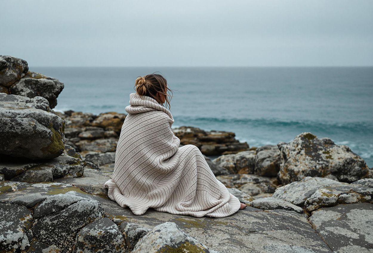 A solitary person wrapped in a blanket sits on a rocky beach, gazing at the ocean under an overcast sky. A serene and introspective scene captured on the Mornington Peninsula, Australia.
