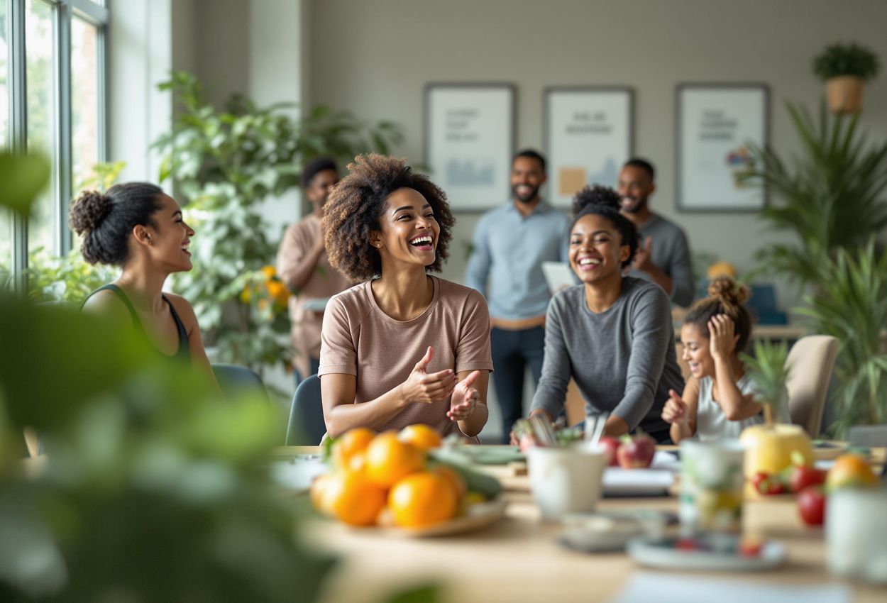 A candid photograph capturing a diverse group of employees laughing and interacting during a corporate wellness activity, highlighting the importance of employee well-being in the workplace.