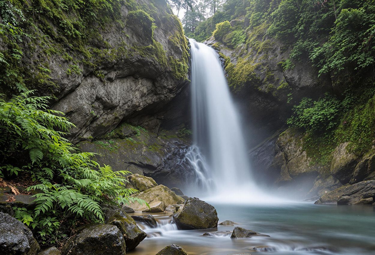 Pfeiffer Falls, Big Sur: A Serene Cascade in Redwood Forest A photograph of Pfeiffer Falls cascading down a rocky cliff surrounded by redwood trees in Pfeiffer Big Sur State Park, capturing the park