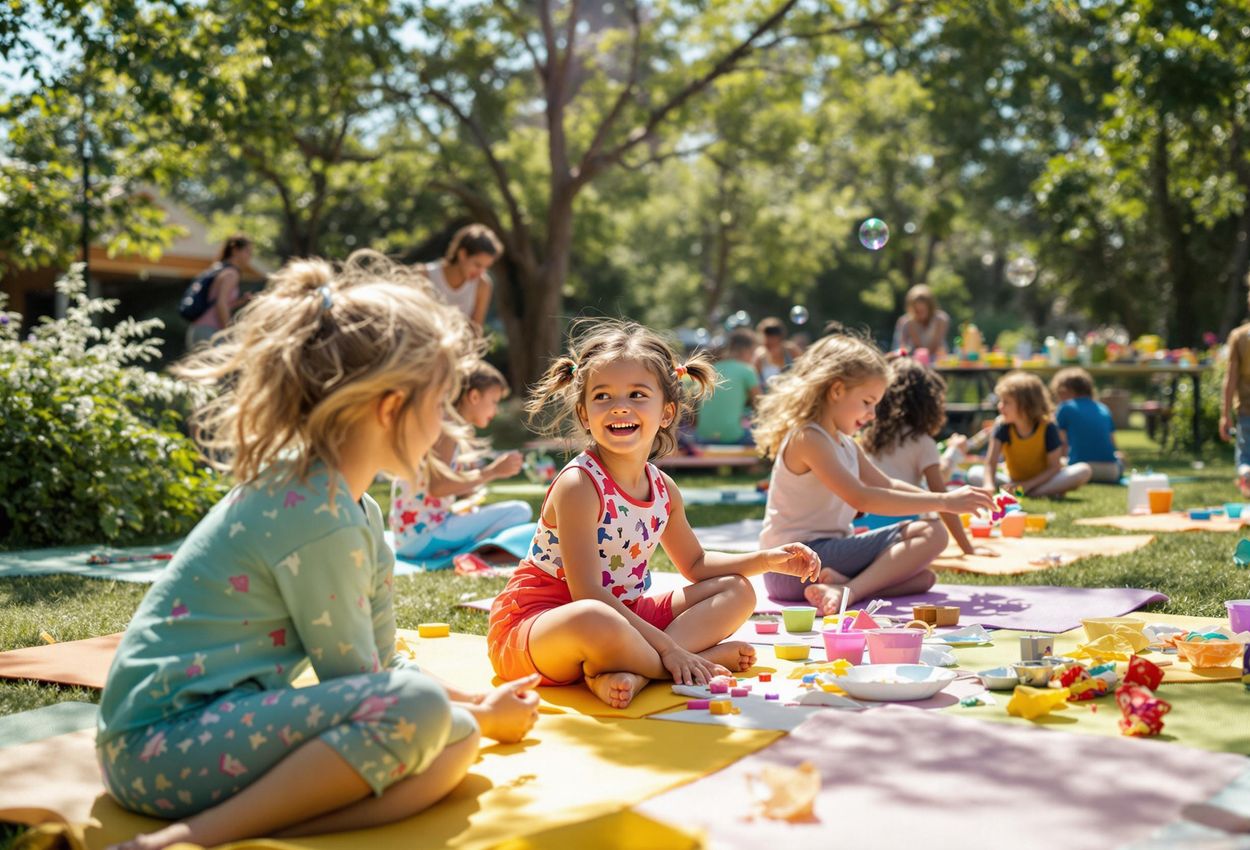 A candid photograph capturing children participating in yoga, arts and crafts, and nature walks at the Wanderlust Festival