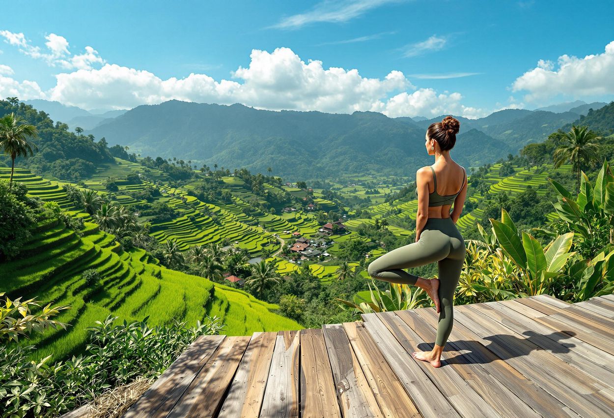 A panoramic photograph of a woman practicing yoga on a wooden platform overlooking a lush green valley in Ubud, Bali. The image captures the tranquility and beauty of a luxurious wellness retreat.