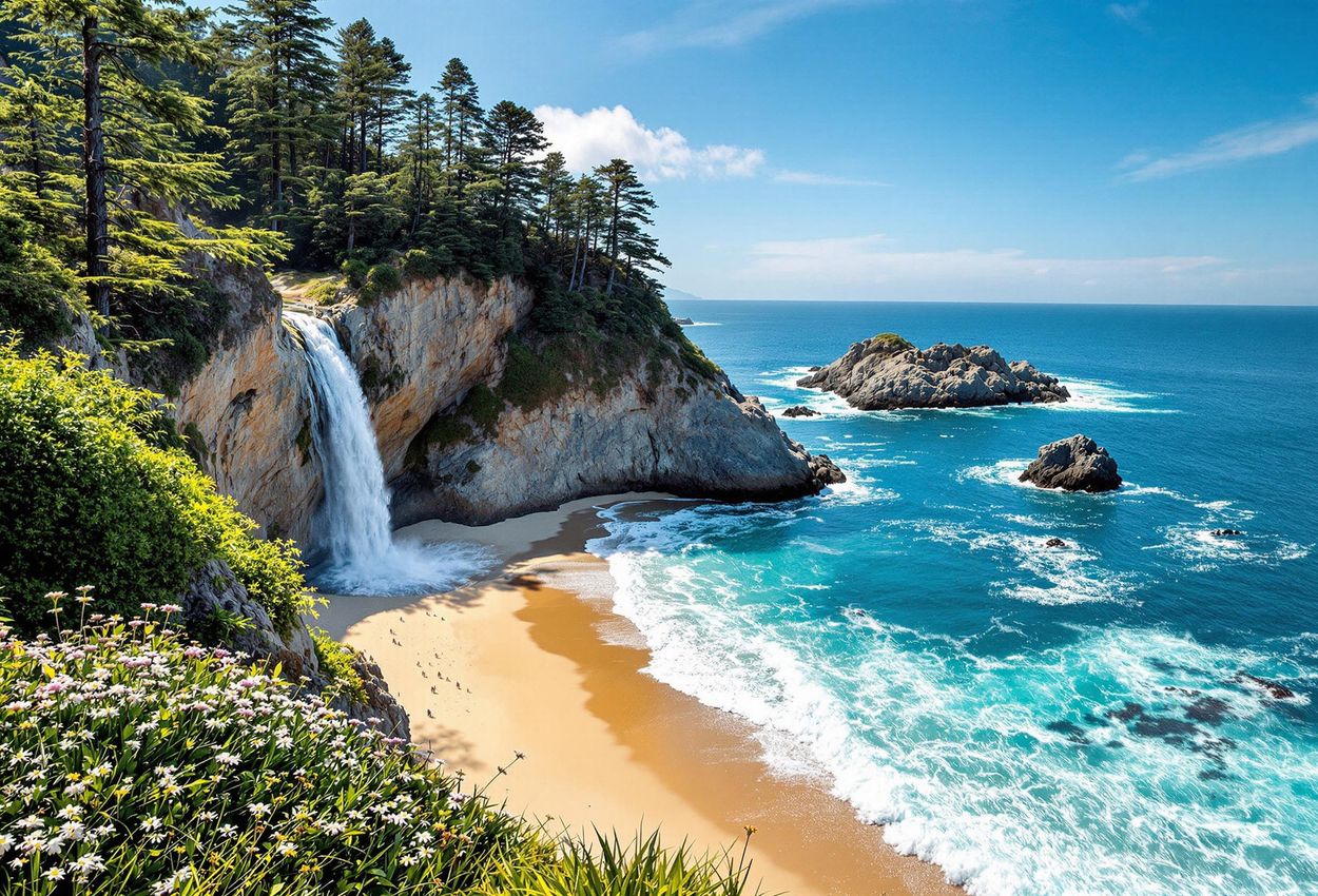 McWay Falls, Big Sur: A Coastal Paradise A stunning photograph of McWay Falls in Julia Pfeiffer Burns State Park, Big Sur, showcasing the waterfall cascading onto a pristine beach surrounded by rugged cliffs and redwood forests.