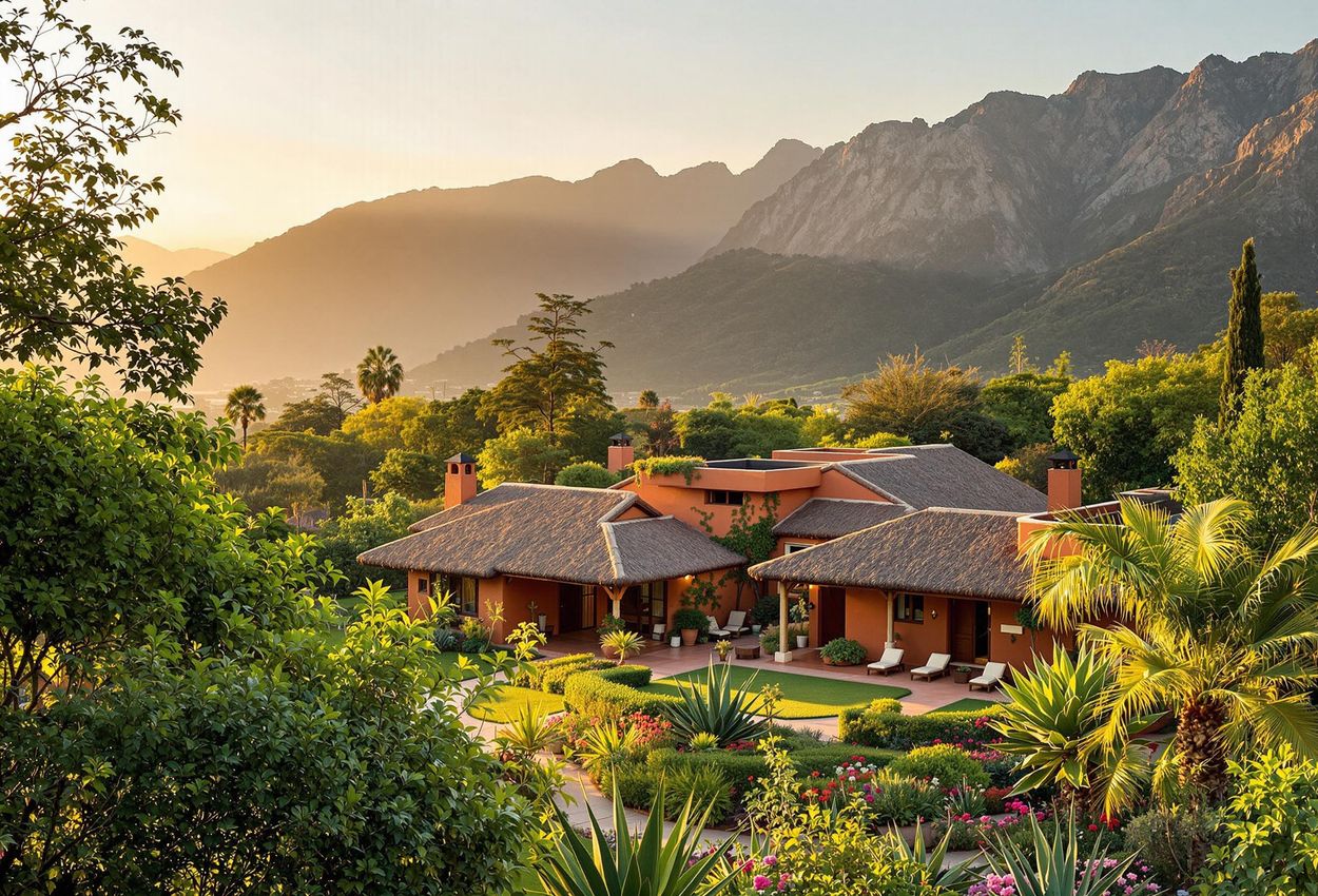 A tranquil photograph of the Hridaya Yoga retreat center in Mazunte, Oaxaca, showcasing the harmonious blend of traditional architecture and lush natural surroundings.