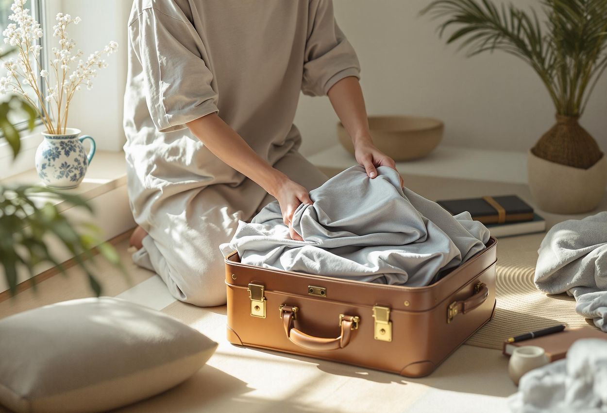 A serene photograph of a person packing comfortable clothing into a suitcase in a minimalist room, preparing for a silent retreat. Soft, natural light fills the space, creating a peaceful atmosphere.