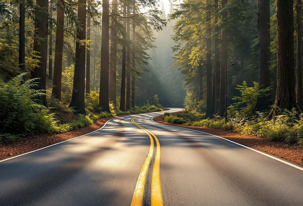 Scenic Nacimiento-Fergusson Road Through Redwood Forest A stunning photograph of Nacimiento-Fergusson Road winding through a majestic redwood forest in California, captured in the warm light of late afternoon.