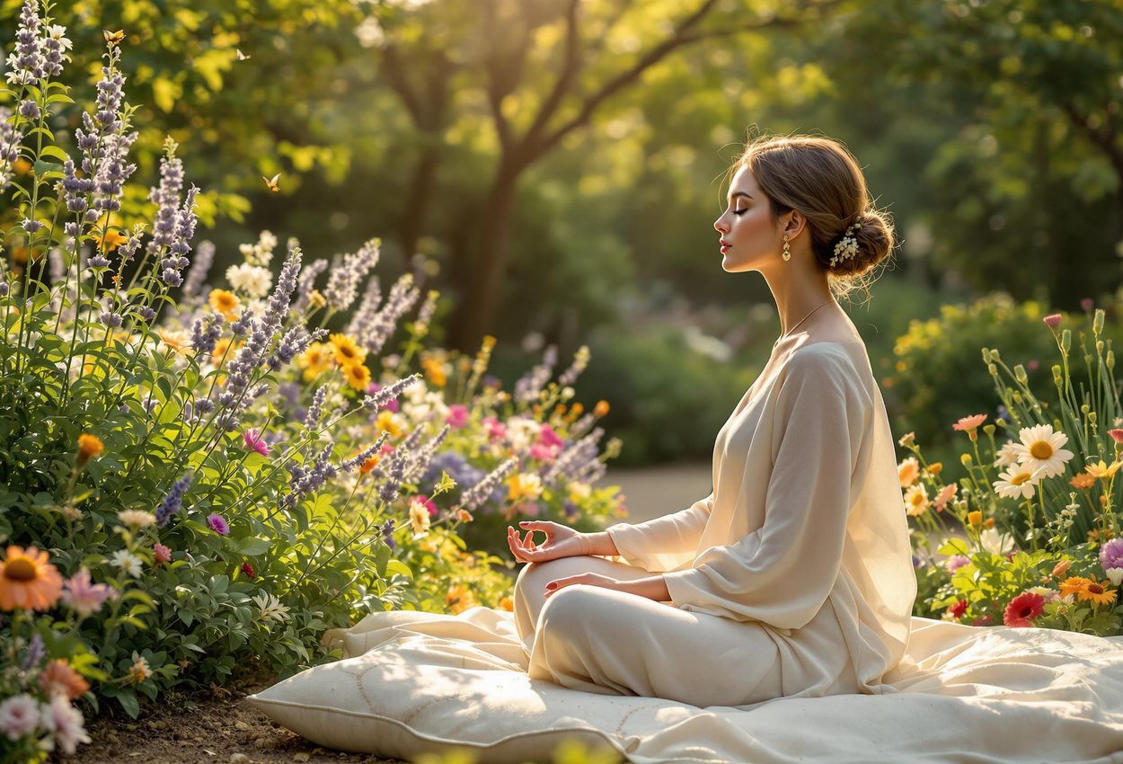 A photograph of a woman meditating in a peaceful garden bathed in the warm light of the golden hour. The scene evokes tranquility and inner peace.