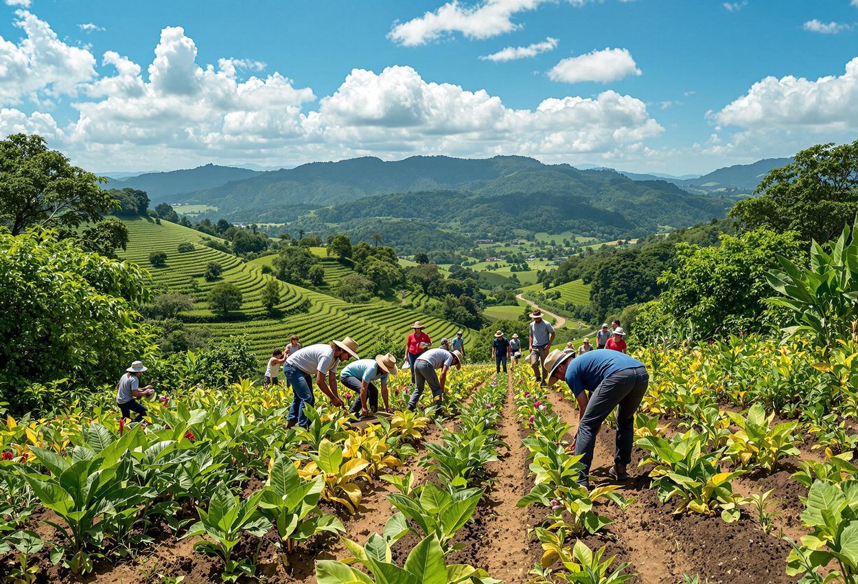 A photograph capturing the vibrant collaboration between volunteers and local farmers in Costa Rica, working together on a sustainable agriculture project amidst the lush landscape.