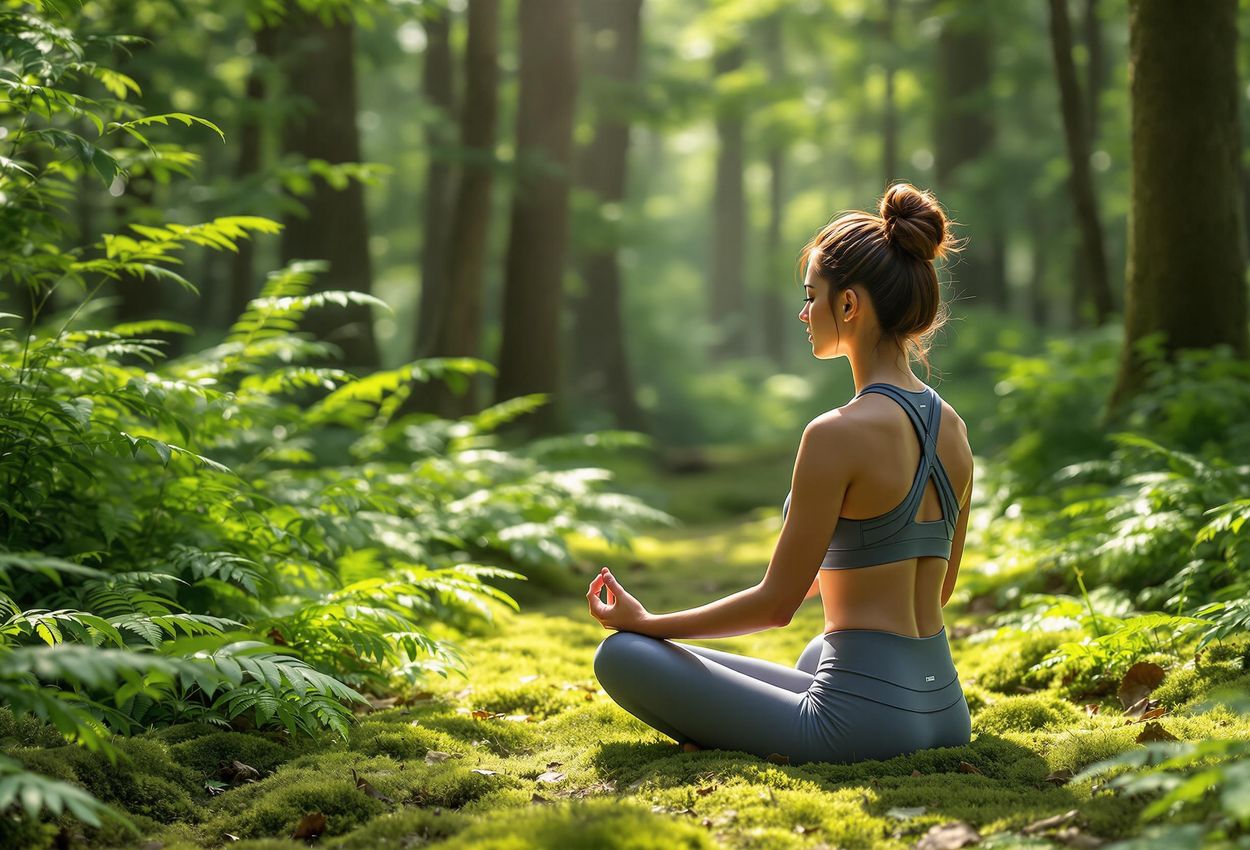 A photograph capturing a peaceful moment of meditation in a vibrant green forest, highlighting the restorative benefits of nature and mindfulness.