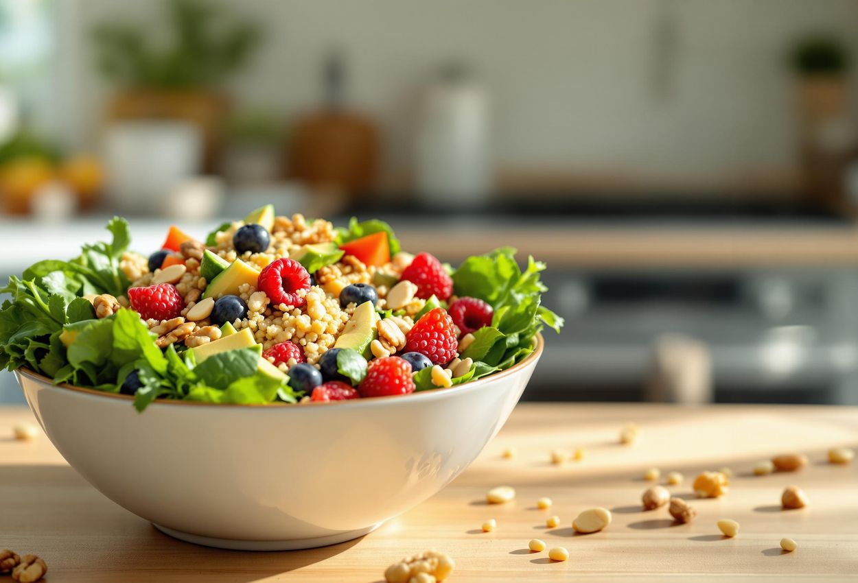 Vibrant Salad Bowl: A Fresh Take on Gut Health A close-up photograph of a colorful salad bowl filled with fresh vegetables, fruits, and grains, emphasizing the importance of a balanced diet for gut health and mental well-being.