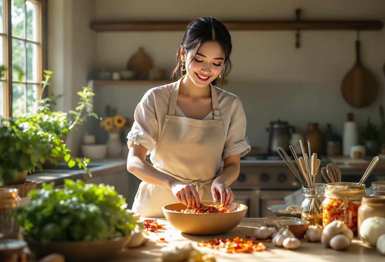 Authentic Kimchi Preparation in Rural Korean Kitchen A woman prepares traditional kimchi in a rustic Korean kitchen, showcasing the natural ingredients and time-honored process of fermentation.