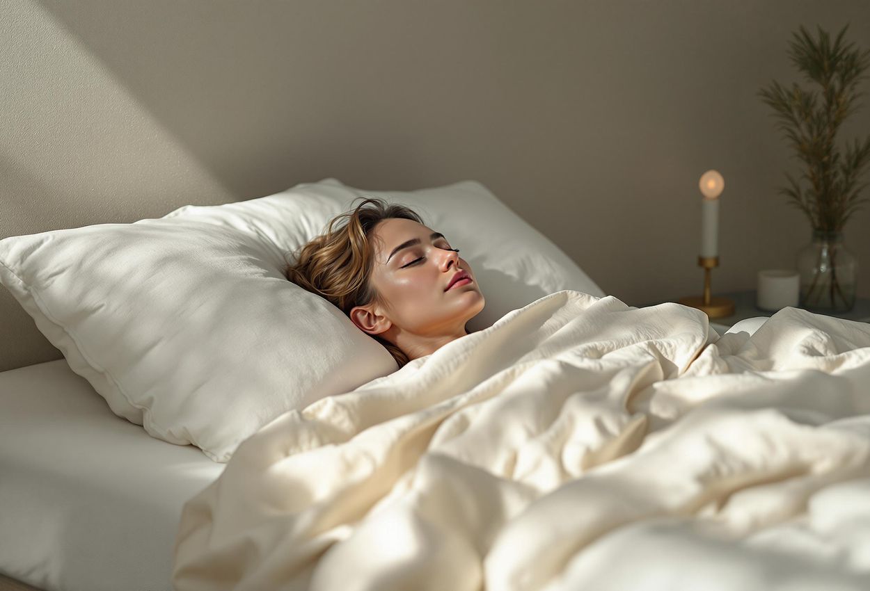 A serene photograph of a person relaxing in bed, practicing the 4-7-8 breathing technique for stress reduction and better sleep.