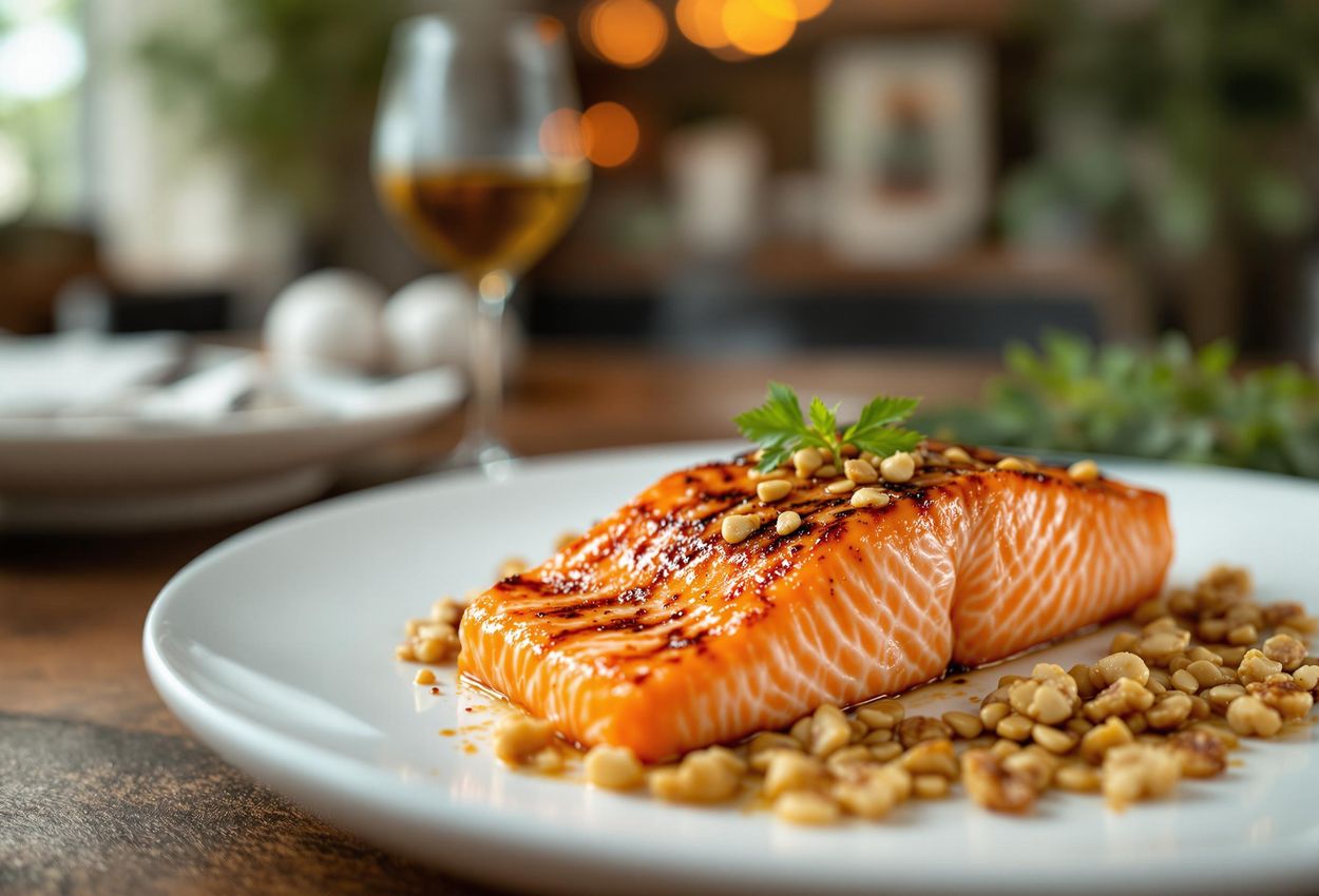 Grilled Salmon with Flaxseeds and Walnuts: A Nutritious Culinary Delight A close-up photograph of grilled salmon served with flaxseeds and walnuts, highlighting the dish