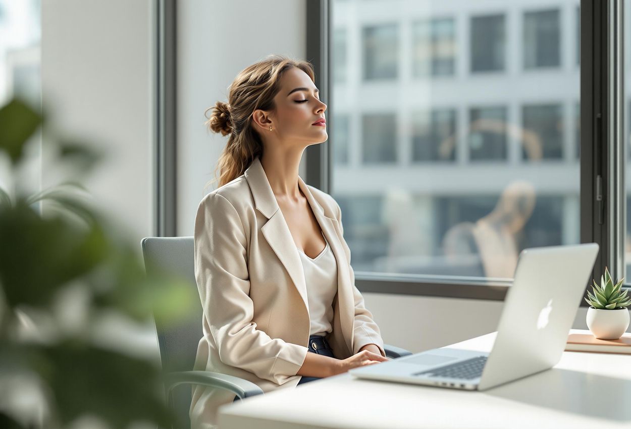 A photograph of a woman in a quiet office, practicing box breathing to manage stress during a busy workday.