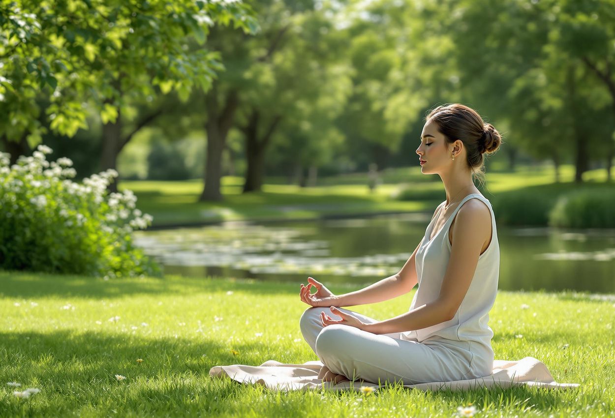 A photograph of a person practicing mindfulness and breathwork in a serene park setting during summer. Captures the essence of wellness and connection with nature.