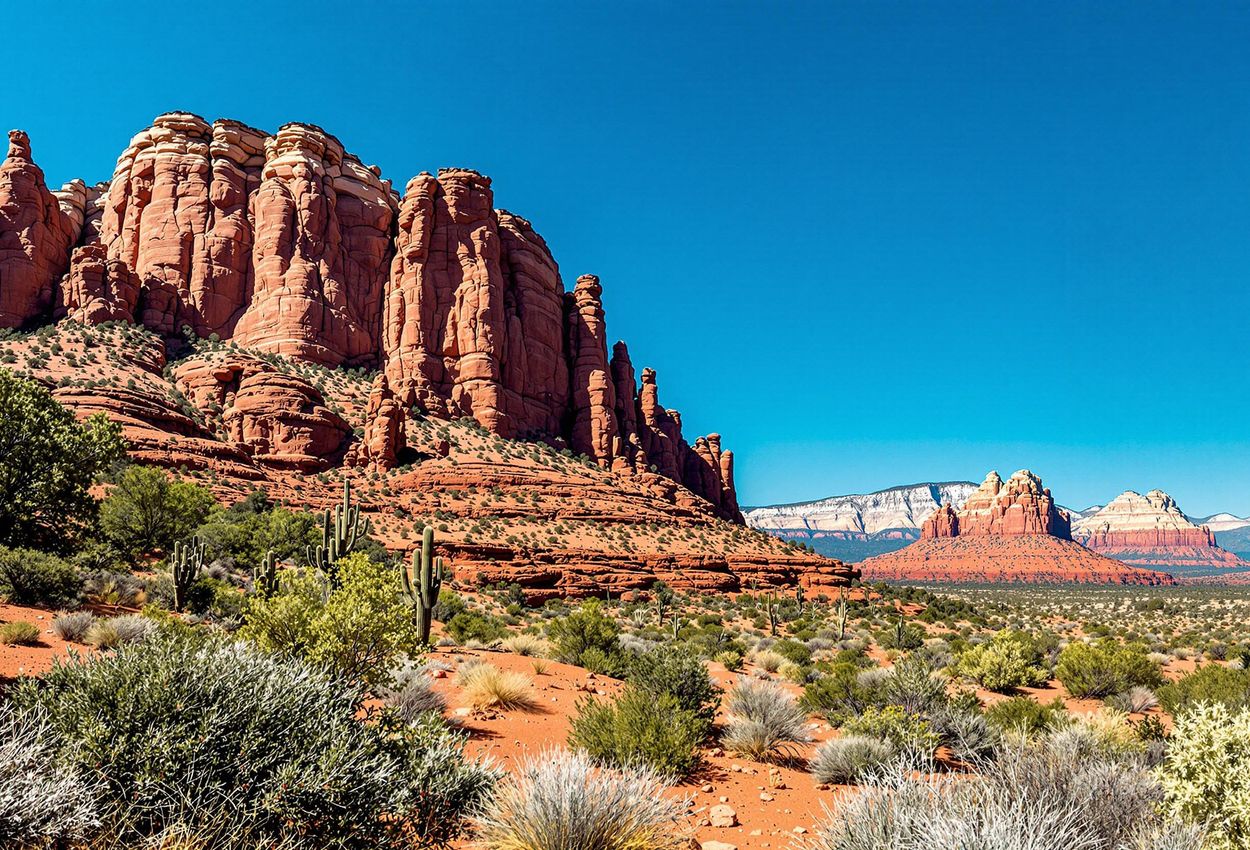 A panoramic photograph capturing the iconic red rock formations of Sedona, Arizona, under a clear blue sky. The image showcases the vibrant colors and textures of the desert landscape, inviting viewers to experience the beauty and spiritual allure of this unique destination.