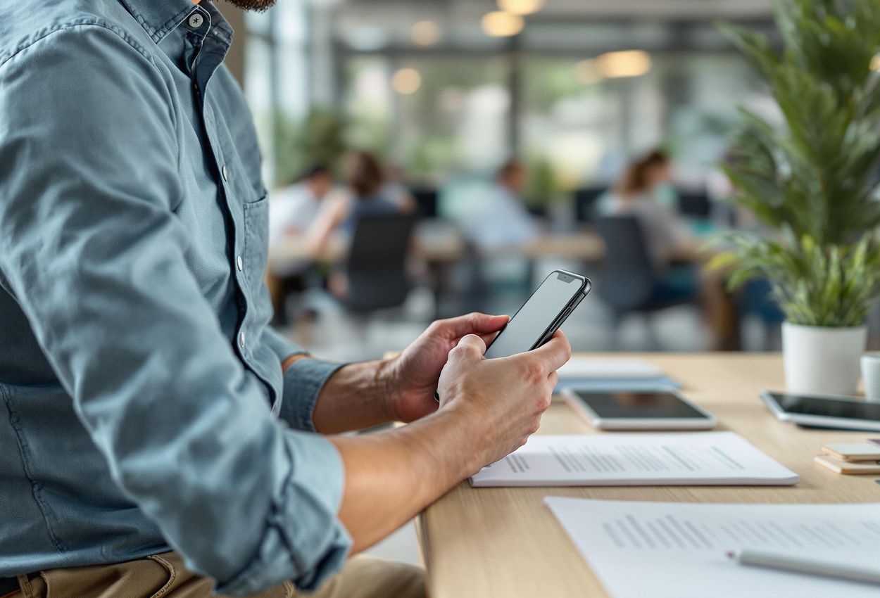 A person sets a breathwork reminder on their smartphone during a busy workday, showcasing the integration of mindfulness into daily life.