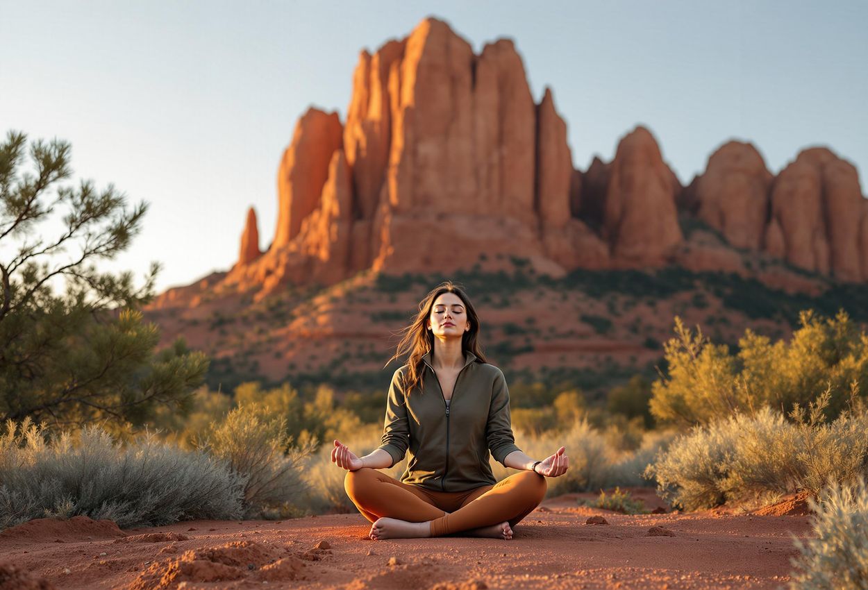 A medium shot of a woman meditating in a lotus position at the base of Cathedral Rock, Sedona, during sunrise. The soft, golden light bathes the red sandstone spires, creating a sense of peace and spiritual connection.