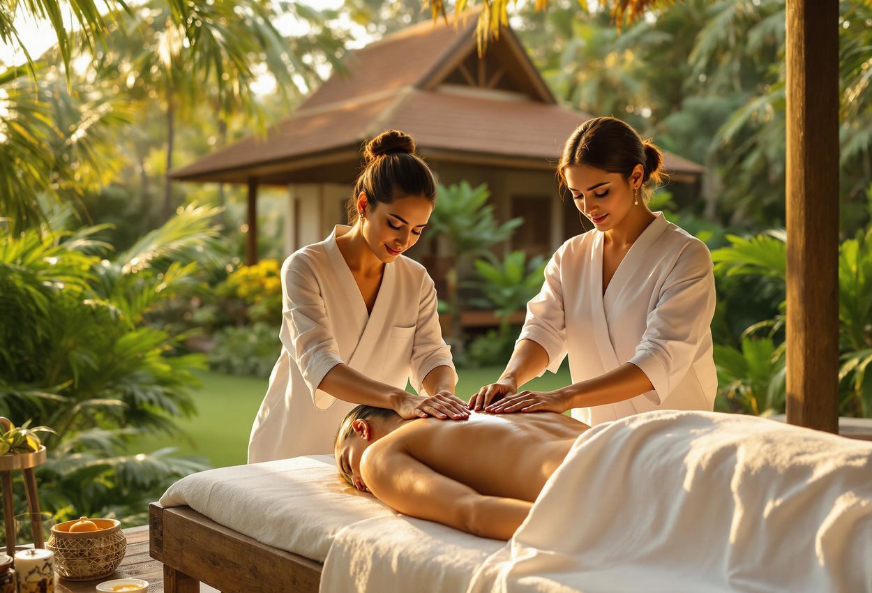 A peaceful scene of an Abhyanga massage in Kerala, India, showcasing traditional Ayurvedic practices amidst lush greenery and traditional architecture. The image captures the essence of Ayurvedic wellness and rejuvenation.