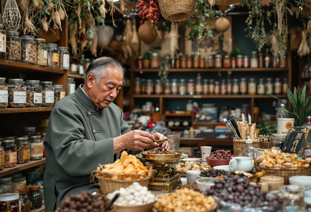 A candid photograph capturing the vibrant atmosphere of a traditional Chinese medicine shop in Hong Kong, featuring a TCM practitioner carefully weighing herbs and customers seeking consultation.