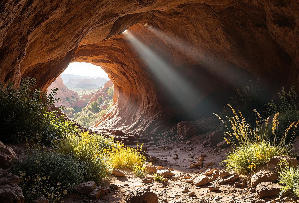 Explore the serene beauty of a hidden cave in Boynton Canyon, Sedona. This photograph captures the interplay of light and shadow, showcasing the spiritual connection and natural wonder of this unique location.