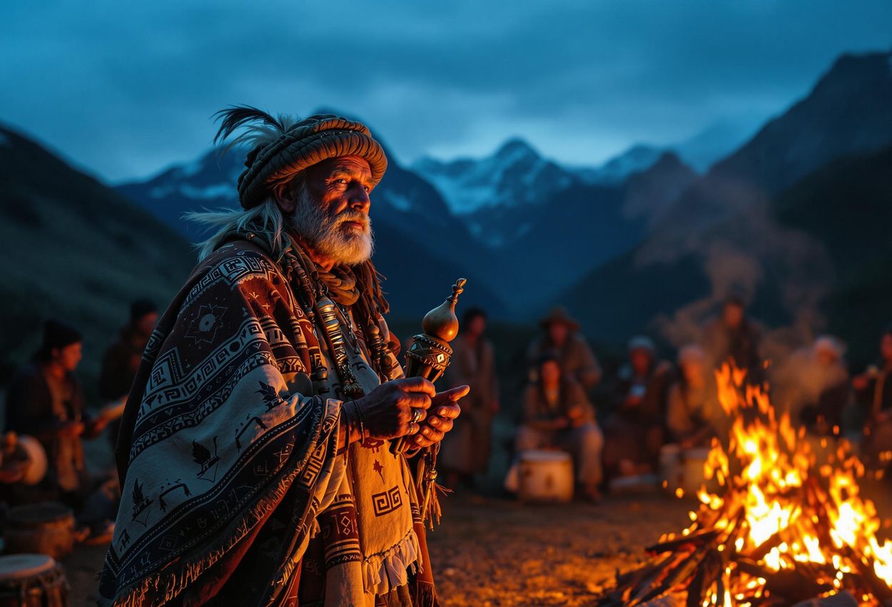 A captivating photograph capturing a shamanic ritual in the Peruvian Andes, showcasing the deep connection between shamanism, nature, and spiritual awakening.