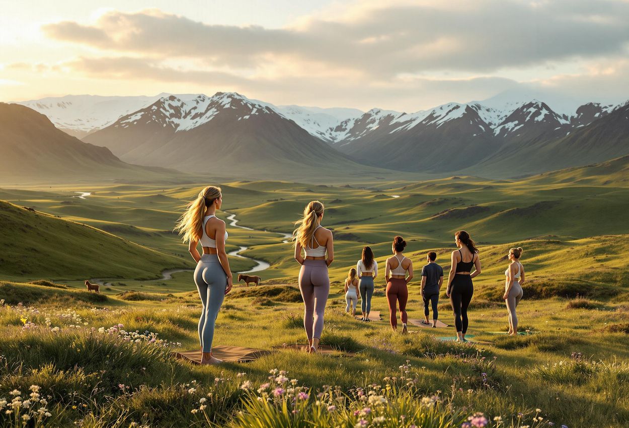 A photograph capturing a serene yoga session amidst the breathtaking landscapes of Iceland during the summer golden hour.