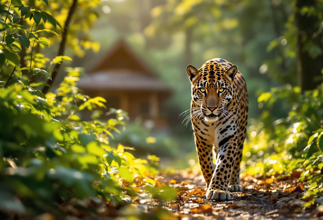 A photograph of a jaguar walking through the rainforest near Pacuare River Lodge in Costa Rica, bathed in the soft, golden light of late afternoon.