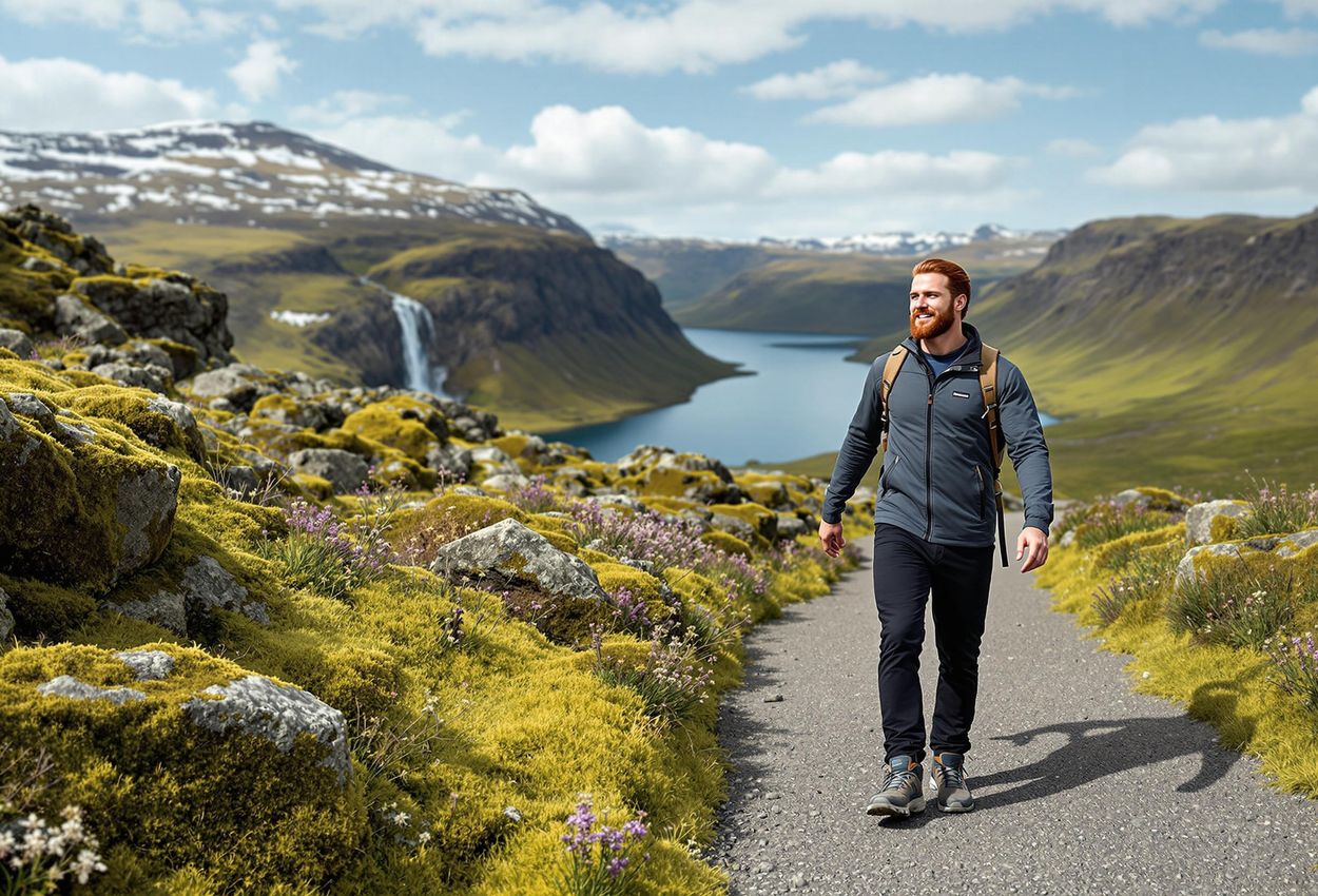 A photograph of a couple hiking hand-in-hand on a gravel trail in Thingvellir National Park, Iceland, with a waterfall and lake in the background. The image showcases sustainable tourism and the beauty of the Icelandic landscape.