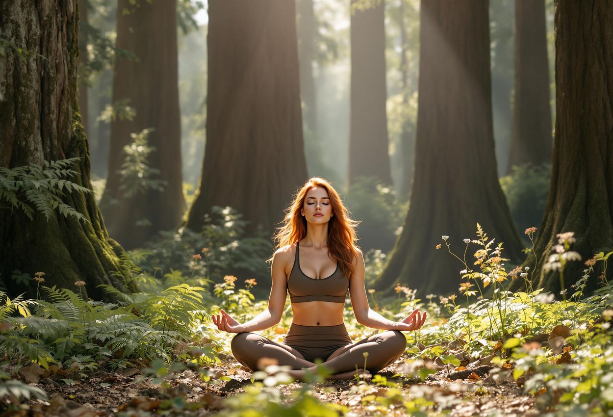 A photograph of a woman meditating peacefully in a serene redwood forest at Treebones Resort in Big Sur, California. Soft light filters through the towering trees, creating a calming and tranquil atmosphere.