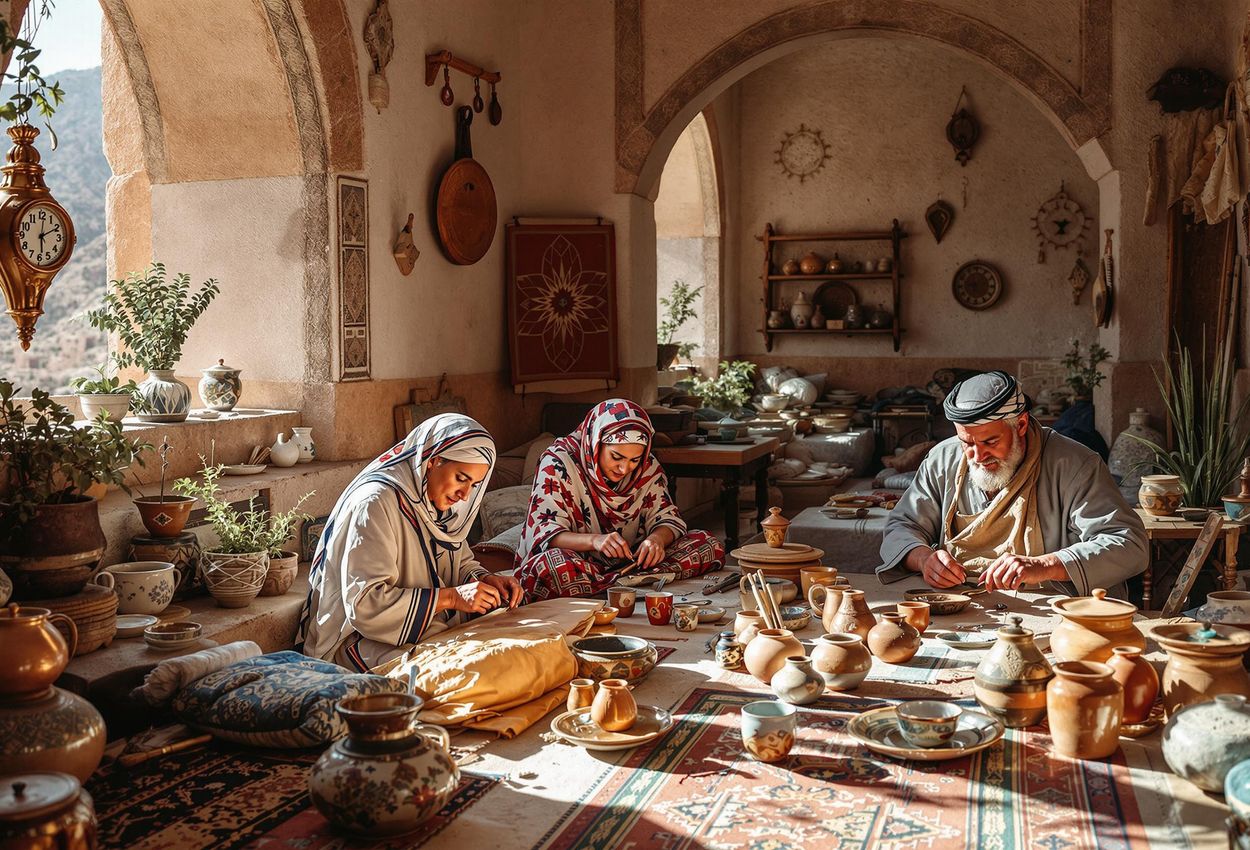 A photograph of local Berber artisans creating traditional crafts at the Kasbah du Toubkal in the High Atlas Mountains of Morocco. The image showcases the beauty and craftsmanship of the artisans and the hotel