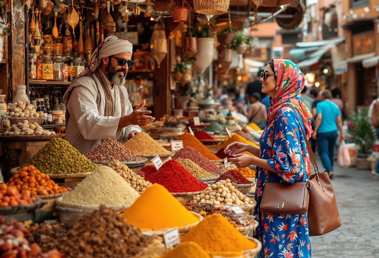 A captivating photograph capturing the sensory richness of a spice market in Marrakech, Morocco, featuring a local vendor and a traveler immersed in the vibrant culture.