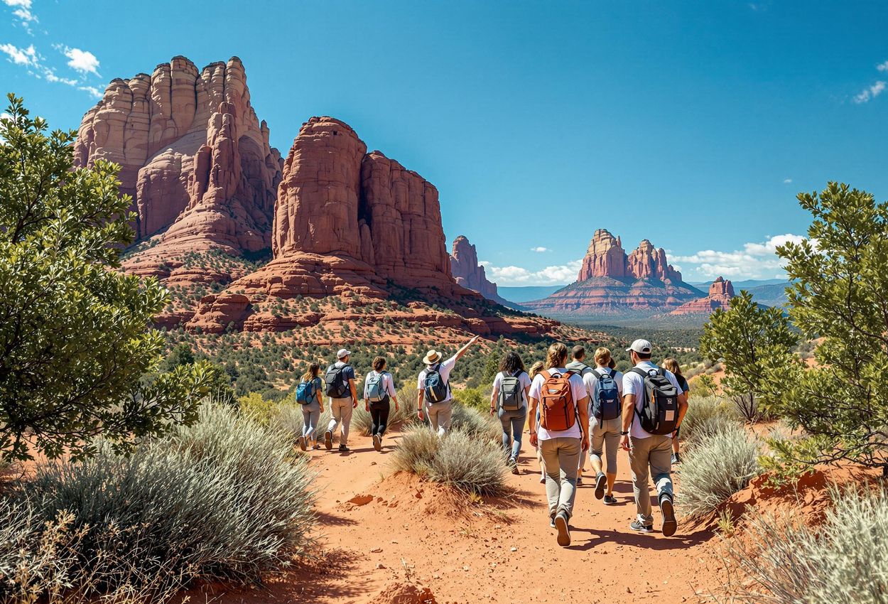 A photograph capturing a spiritual guide leading a tour group through the breathtaking red rock vortexes of Sedona, Arizona, on a bright morning. The image conveys a sense of adventure, discovery, and spiritual connection.