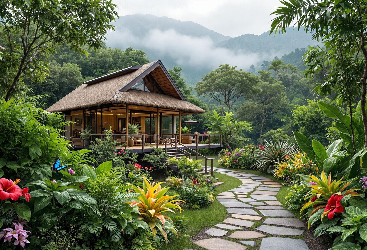 A scenic photograph of a luxury eco-lodge nestled in the heart of the Costa Rican rainforest, showcasing sustainable architecture and natural beauty.