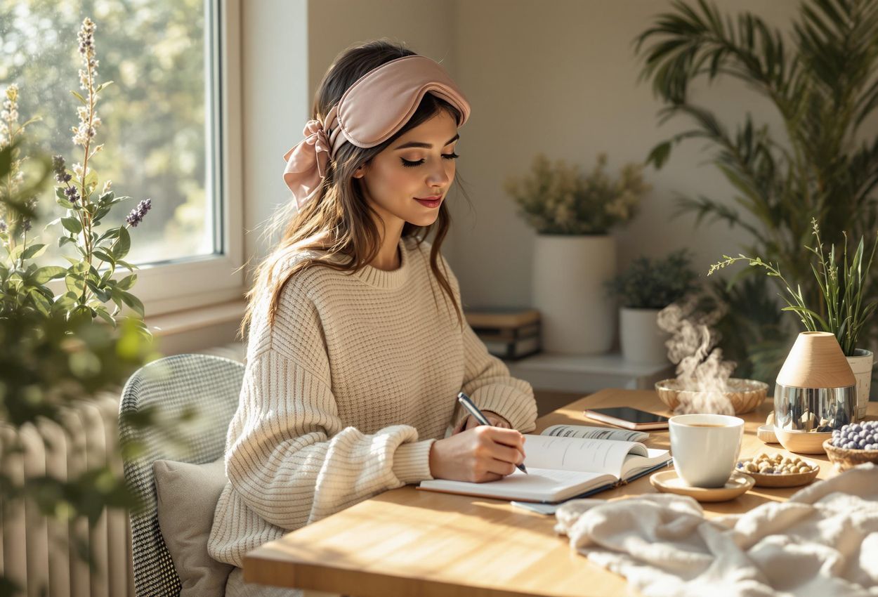 A serene photograph of a solo traveler journaling in a cozy, sunlit room, featuring calming elements like a lavender diffuser, silk eye mask, and herbal tea.