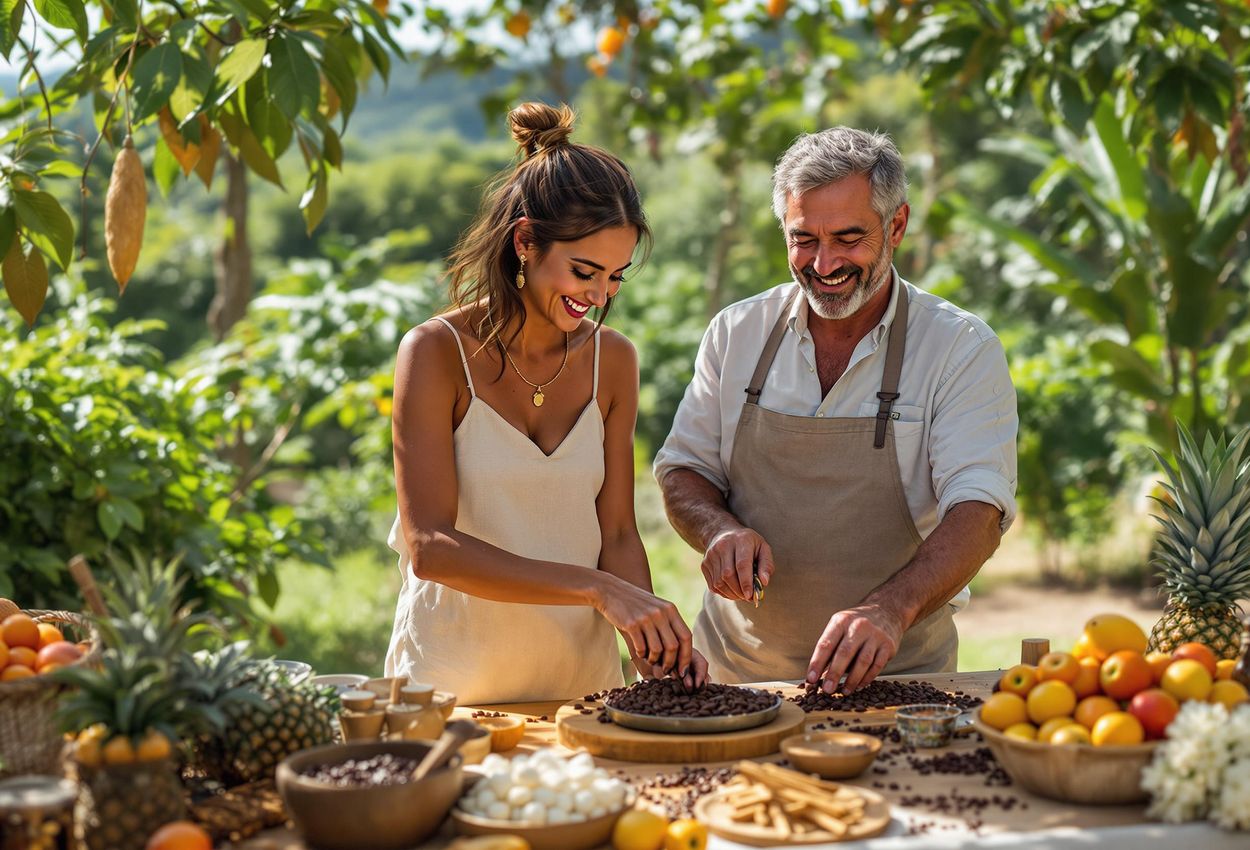 A solo traveler joyfully participates in a chocolate-making workshop at a cacao farm in Costa Rica, guided by a local artisan amidst vibrant ingredients and lush scenery.