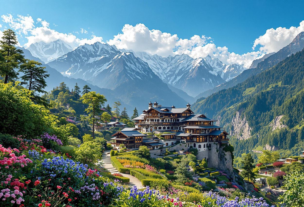 A wide-angle photograph showcases the Ananda resort nestled in the Himalayan foothills, with snow-capped peaks in the background under a clear blue sky.