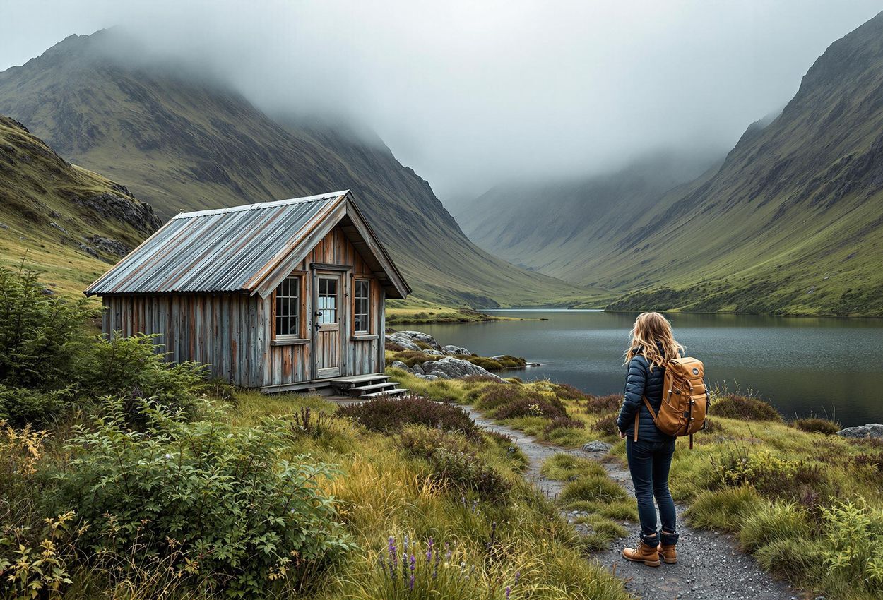 A photograph capturing the serene beauty of a remote bothy nestled in the Scottish Highlands, with a lone traveler enjoying the breathtaking scenery.