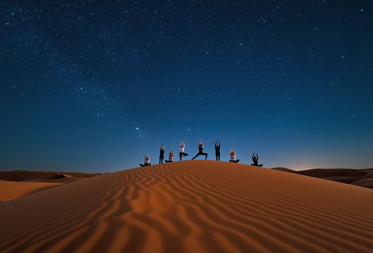 A captivating photograph capturing a yoga session under the stars in the Sahara Desert near Marrakech, Morocco. The image showcases the serene beauty and timelessness of the desert landscape.